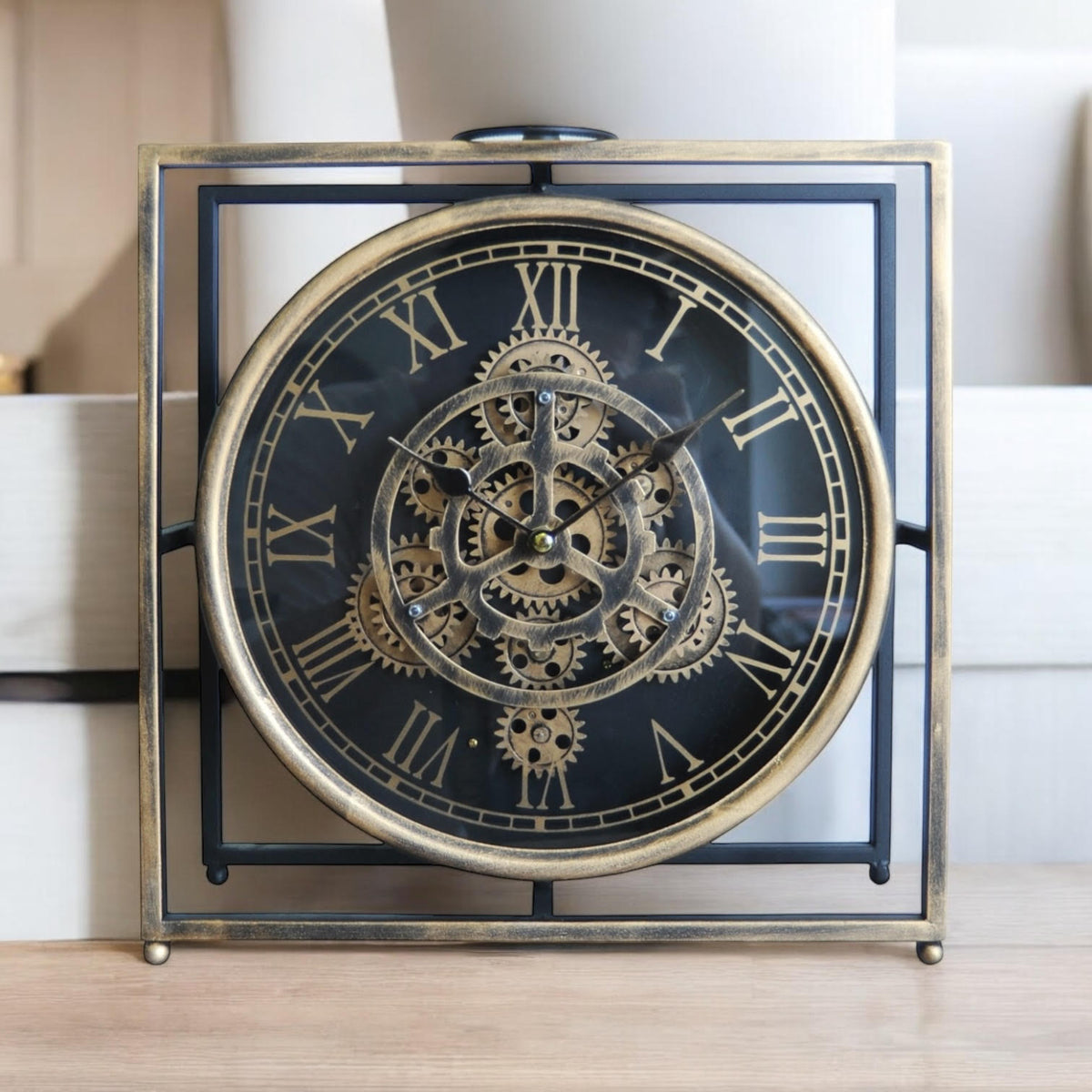 Elegant and Modern Mantel Gear Clock – Black & Gold Round Design with Moving Gears, Silent Sweep Mechanism, Functional Drawer, Stylish Home or Office Décor, Living Room
