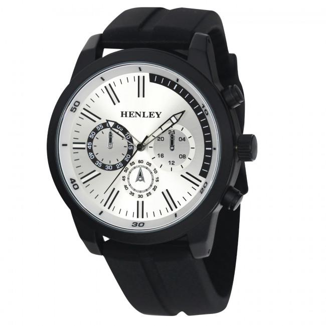 Henley Mens classy sporty Multi eye dials Large Silicone Watch Black/Silver H02227.1