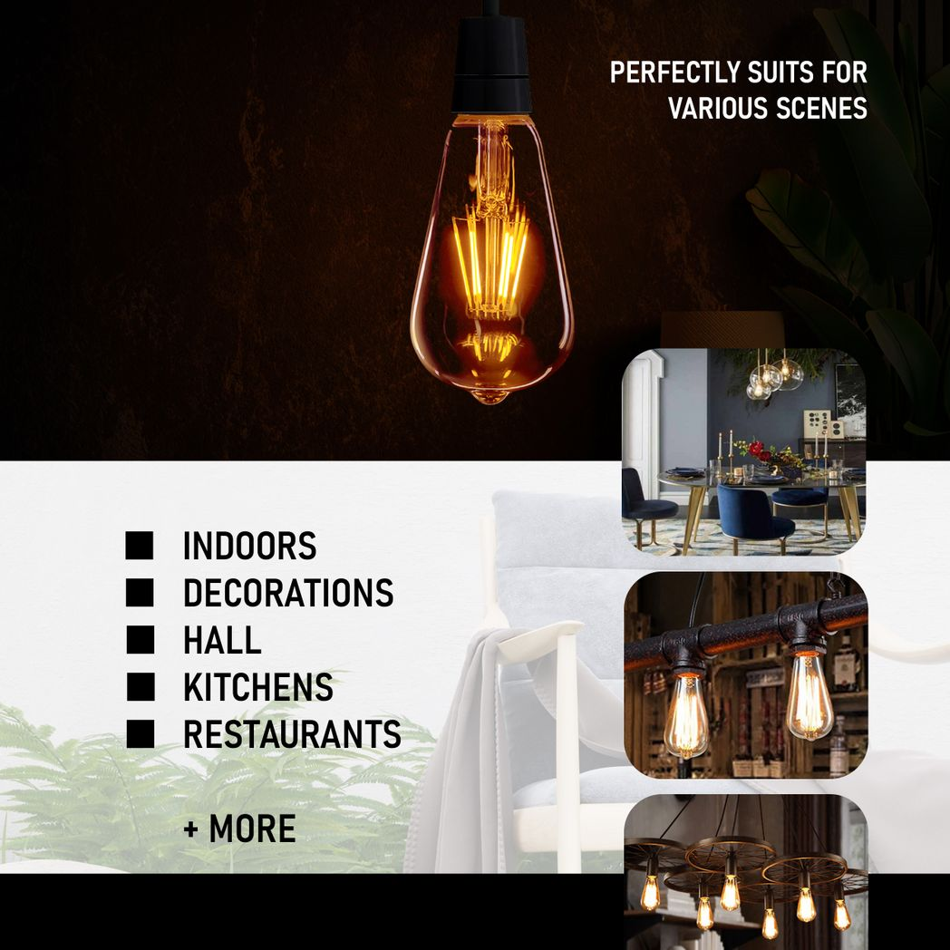 3Pack E27 LED Edison Dimmable Vintage Amber Glass Warm white 2700K Light Bulb,