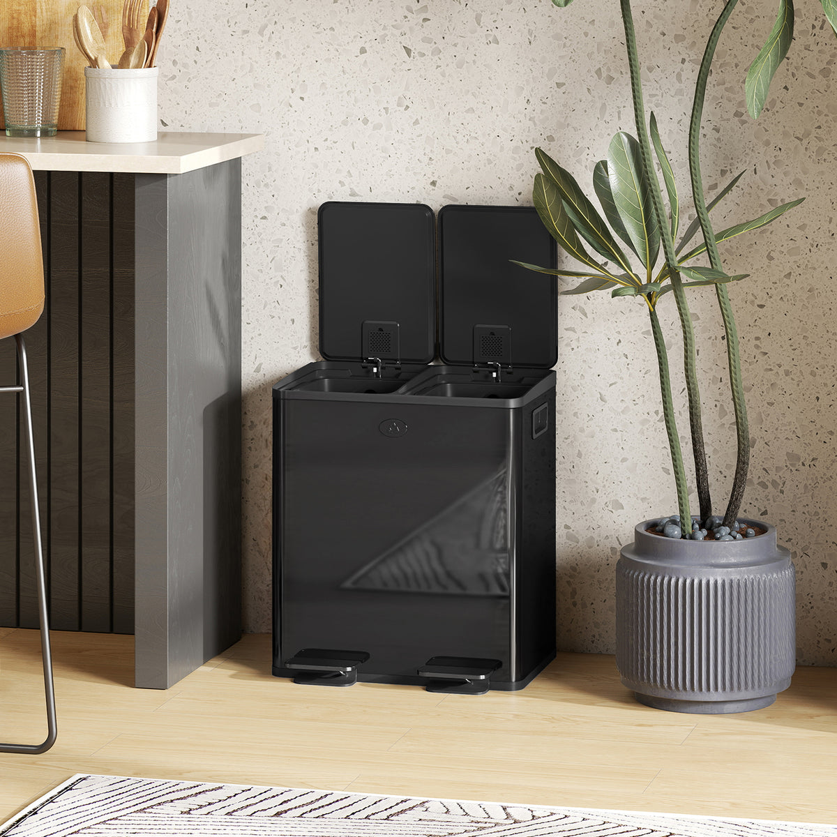 HOMCOM 40L Dual Compartment Stainless Steel Bin, with Deodoriser Holders - Glossy Black
