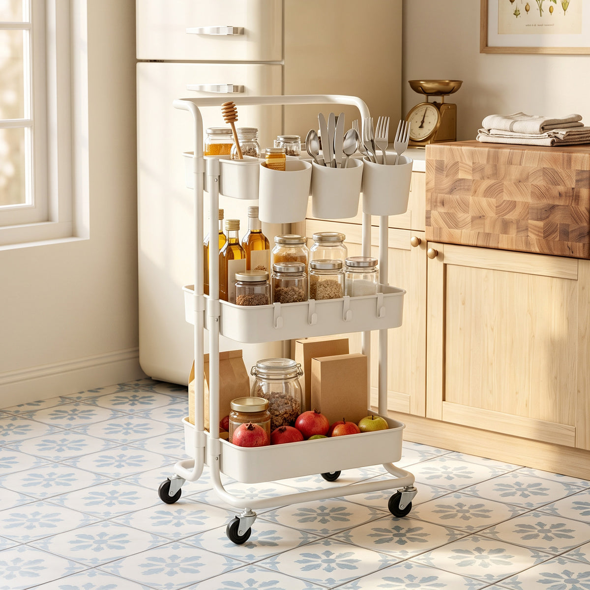 HOMCOM Three-Tier Home Trolley, with Handle and Wheels - White