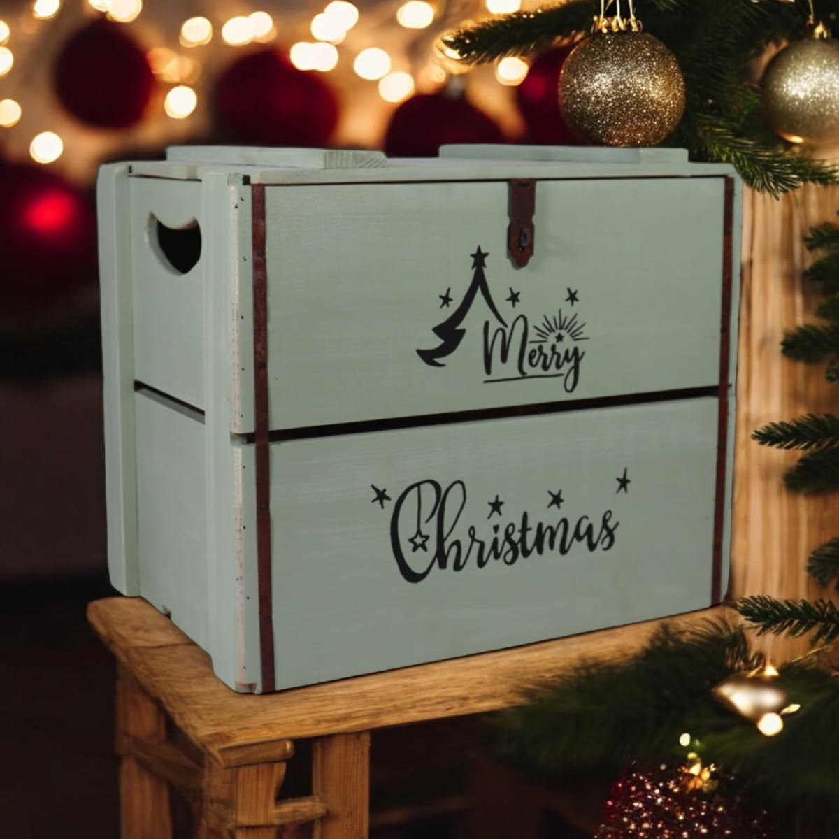 AcaciaHome Vintage and Charming Rustic Merry Xmas Storage Crate – Stackable and Durable Xmas Eve Wooden Box with Dust-Proof, Freestanding, Non-Lidded with Handle for home, garden (Vintage Green)