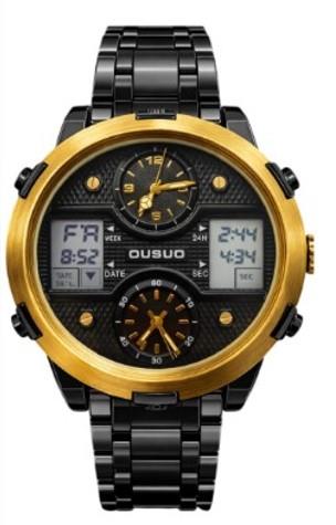 Ousuo Mens Fashion Ana Digital Big Dated Black Dial Black Plated Bracelet Watch NY London