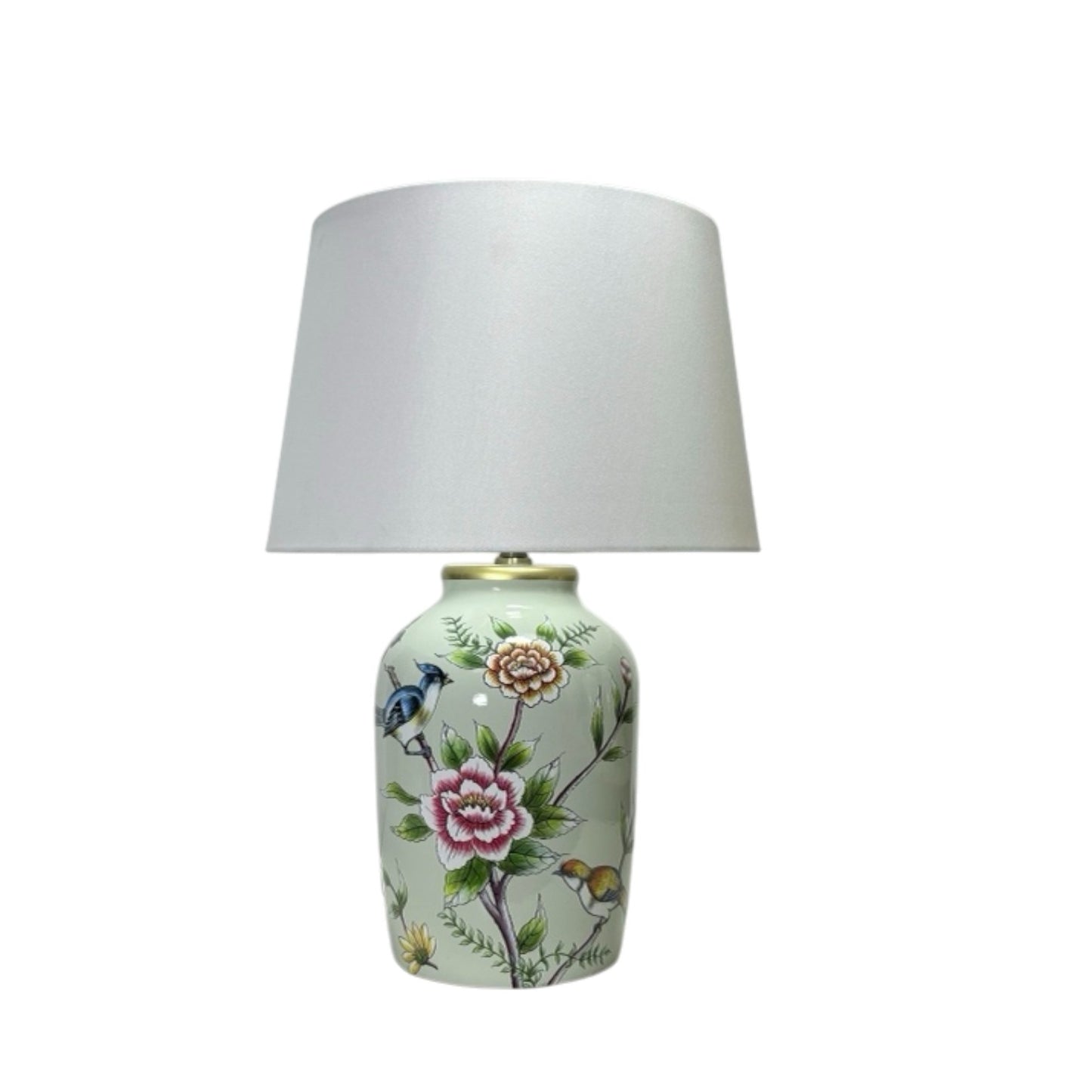 AcaciaHome 44cm Large Floral Ceramic Table Lamp with White Drum Shade, Decorative Bedside & Living Room Lamp, Modern Floral Pattern Ceramic Base, Corded Indoor Lighting for Bedroom, Lounge & Study