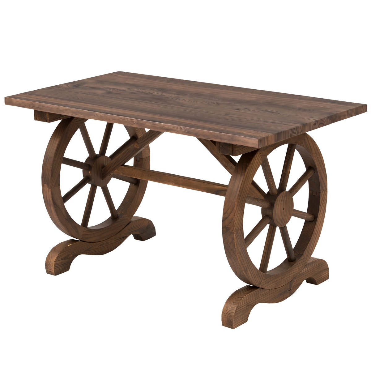 Outsunny Wooden Garden Dining Table, Wagon Wheel Outdoor Coffee Table with 3 cm Wood Top for Patio, Balcony, Terrace, 110 x 60 x 65 cm, Carbonised Finish