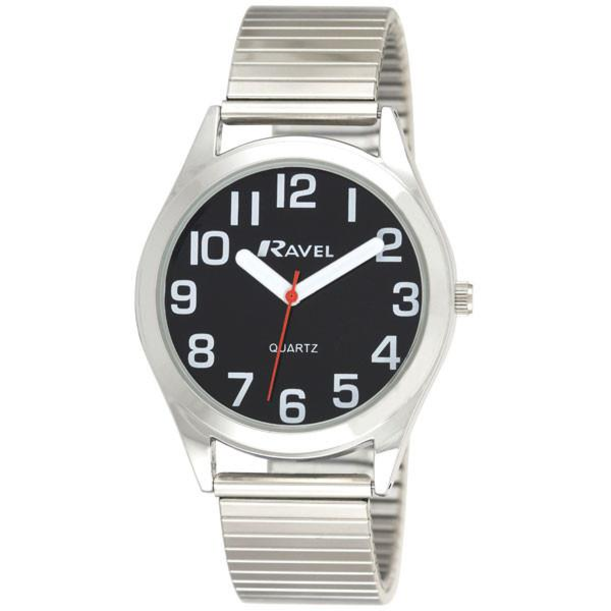Ravel Mens Basic Bold Easy Read Expander Bracelet Watch Black/Silver R0225