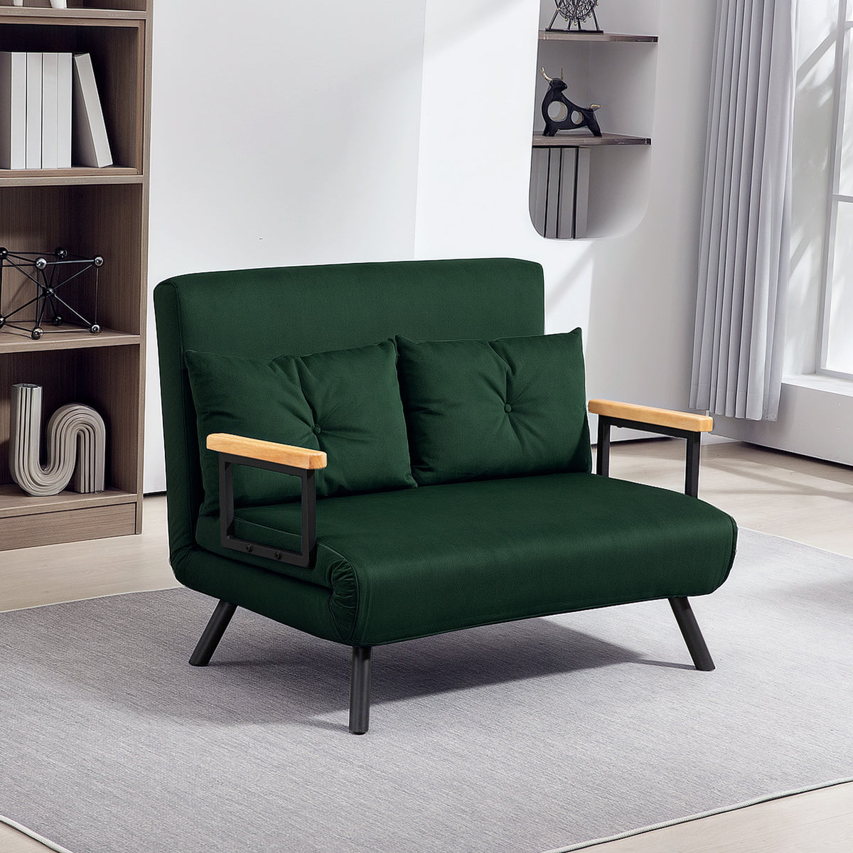 HOMCOM 4-in-1 Velvet-Feel Double Sofa Bed, with Pillows - Green
