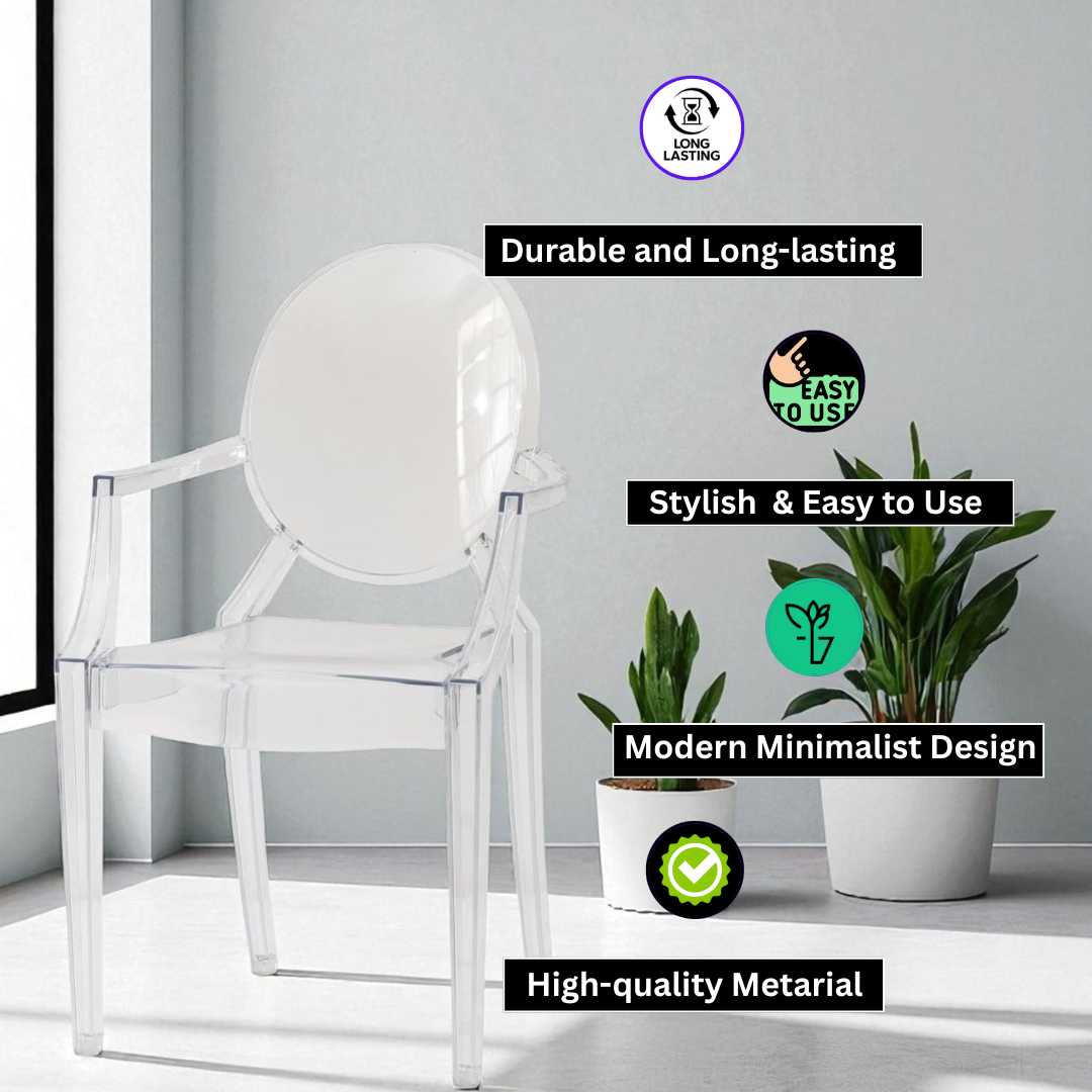 AcaciaHome Contemporary and Modern Ghost Clear Plastic Chair Armchair – Sleek Minimalist Appeal, Transparent Design with Integrated Armrests for Dining Rooms, Living Areas, and Offices