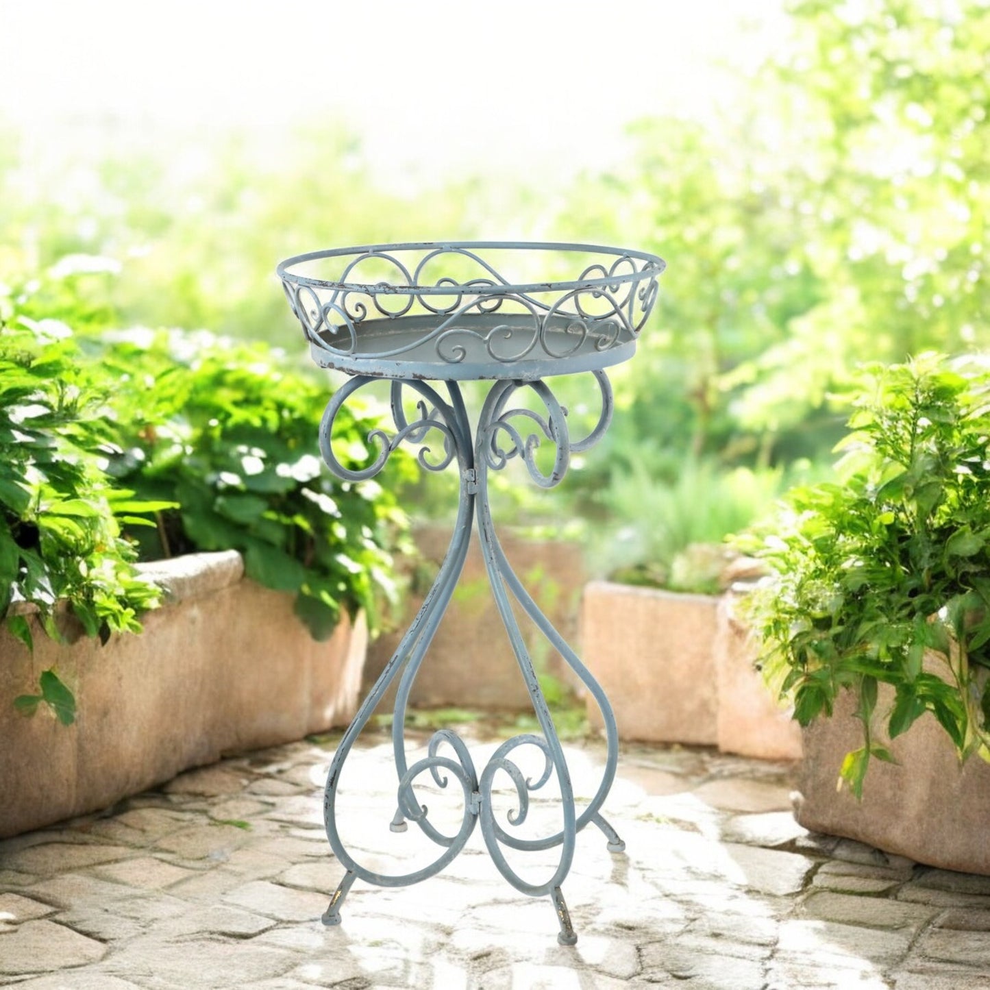 AcaciaHome Elegant 70cm Metal Round Plant Pot Holder Table Frame – Patina Finish Indoor Outdoor Garden Stand, Weatherproof Pedestal Plant Display for Patio, Balcony, Porch & Home Decor (Blue)