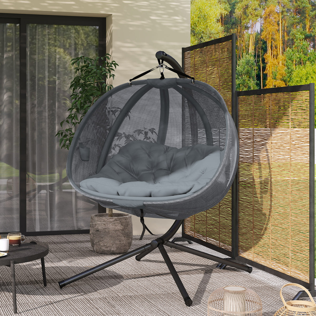 Outsunny Double Hanging Egg Chair 2 Seaters Texteline Swing Hammock Chair with Folding Design, Grey