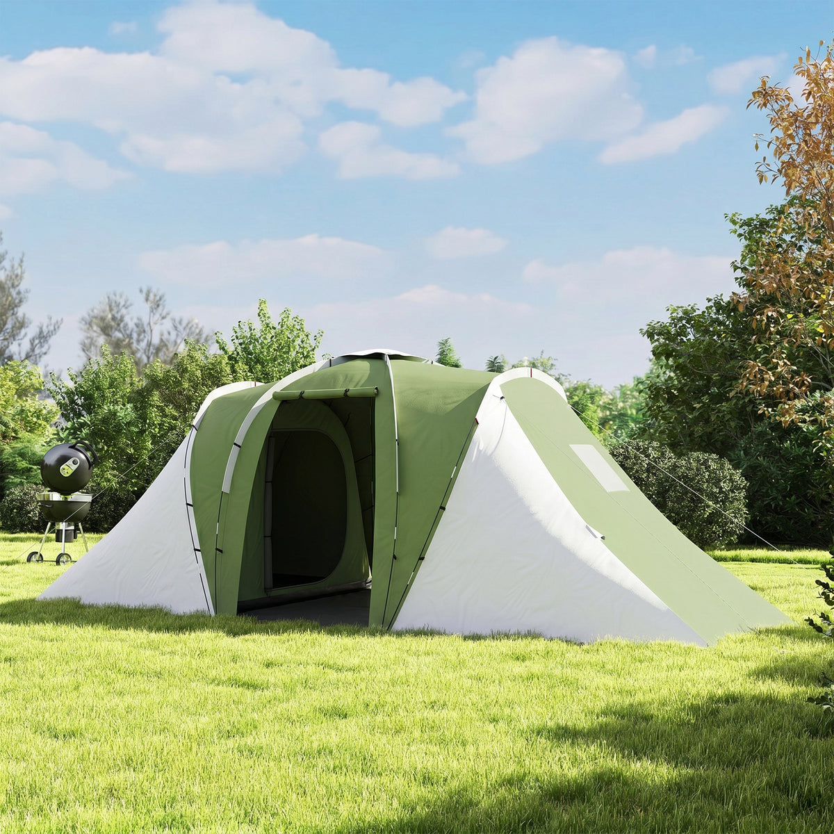 Outsunny Large Camping Tent Tunnel Tent with 2 Bedroom and Living Area, 2000mm Waterproof, Portable with Bag for 4 Man, Green