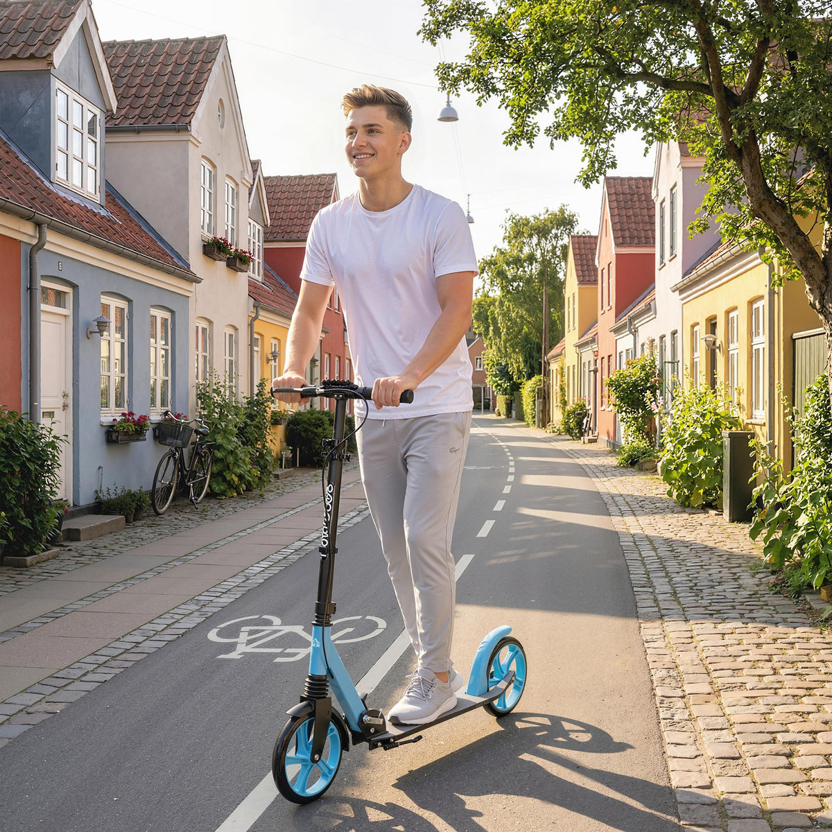 HOMCOM One-click Folding Kick Scooter for 14+ w/ Adjustable Handlebar, Push Scooter with Kickstand, Dual Brake System, Blue