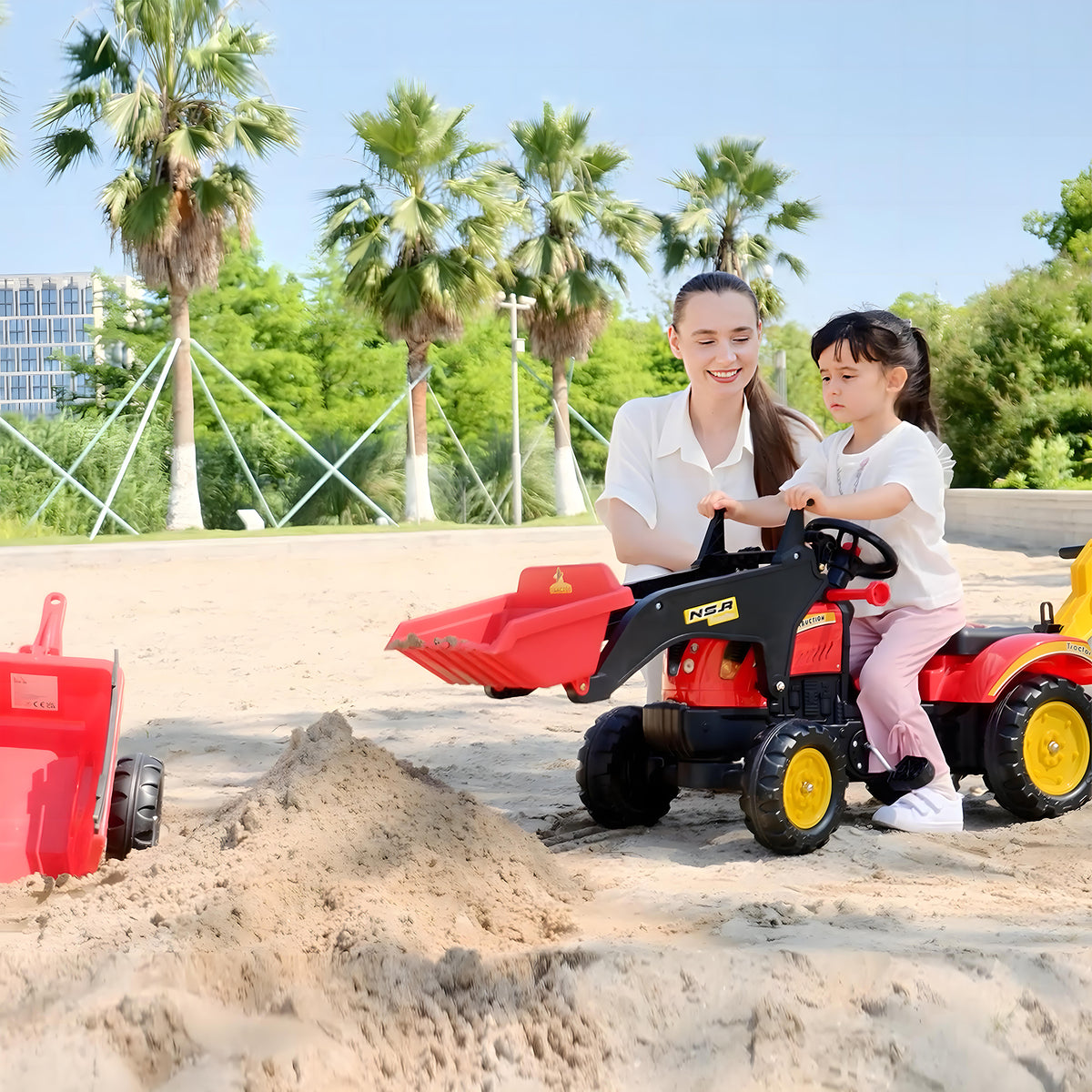 HOMCOM Ride On Tractor for Kids, 3 in 1 Ride On Excavator Toy Car with Adjustable Bucket, Digger and Removable Trailer, Pretend Play Construction Truck for 3-6 Years