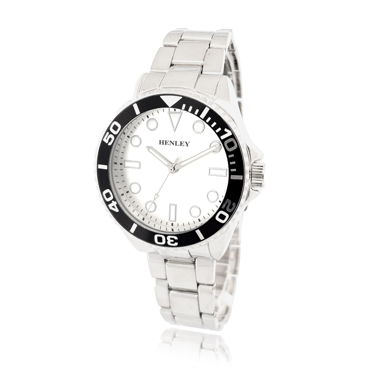 Henley Mens Fashion Round Case Dial with Black Top Ring Silver Plated Bracelet Watch H04002