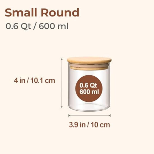 ComSaf Airtight Glass Food Storage Jars Set of 6, 600ml Clear Glass Food Storage Container with Sealing Wooden Lid, Stackable Spice Jar, Round Kitchen Canister for Sugar, Tea, Coffee bean, Pasta
