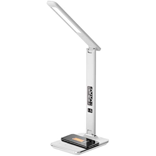 groov e Ares LED Lamp - Touch Control Desk Light with Fold Design - 3 Lighting Modes, Built-in Wireless Charger, Alarm Clock, & Digital Display with Time & Calender - Mains Operated - White