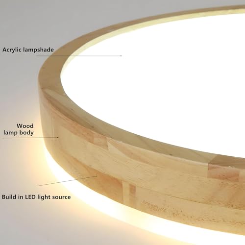 YYUTLUO LED Ceiling Light Wood, Top 360 Glow Round Natural Wooden Lamp | 3000K Warm White, 18W 1600lm | Living Room, Kitchen, Dining Room, Hallway,