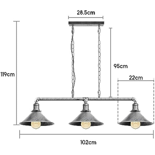 LEDSONE Industrial 3-Light Pendant Ceiling Light Brushed Silver Metal Adjustable Chain E27 Cone Shade Steampunk Hanging Fixture for Kitchen, Dining Room, Bar, Loft, Living Room
