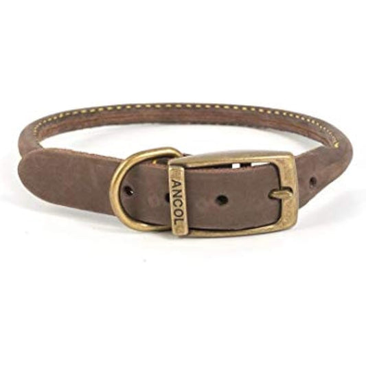 Ancol Timberwolf Bonded Thread Leather Round Dog Collar - Blue - Soft Leather Design with Antique Gold Buckle - Reduces Fur Flattening - 45-54cm Size 6