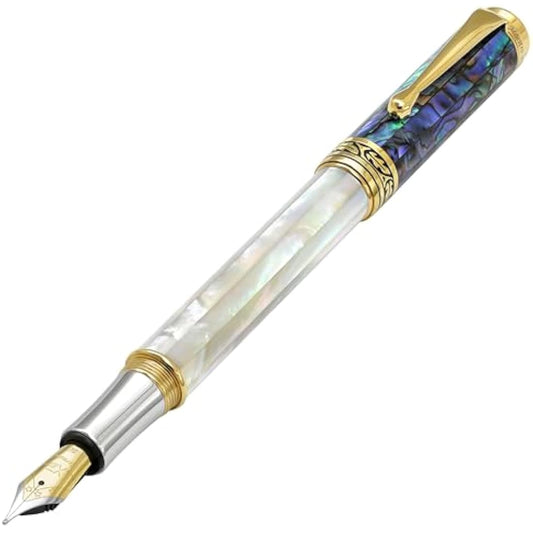 Xezo Maestro Fountain Pen, Medium Nib. Iridescent Oceanic Origin White Mother of Pearl and Pāua Sea Shell. 18 Karat Gold and Pure Platinum Plating. No Two Alike
