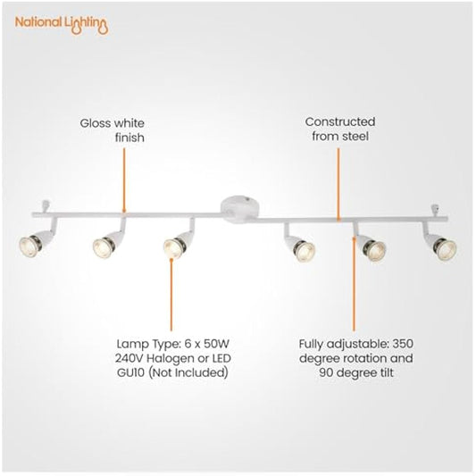 Saxby Lighting Amalfi six spotlight bar, Gloss White Finish, for Living Room, Kitchen, Bedroom
