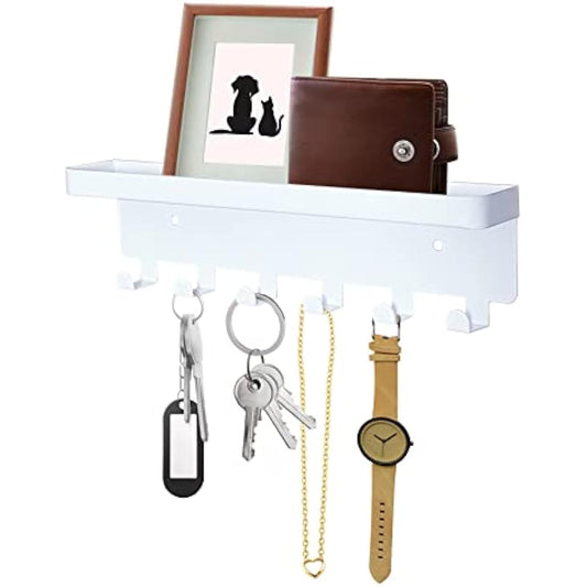 GTK Key Holder for Wall, Key Hooks with Tray and 6 Hooks, Wall Mounted Key Holder for Hallway, Key Rack with Shelf for Mail Storage (White)