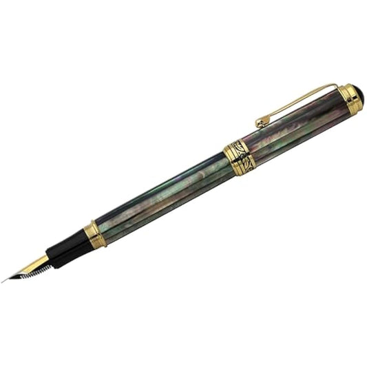 Xezo Maestro Fountain Pen, Fine Nib. Handcrafted from Oceanic Tahitian Black Mother of Pearl. 18-Karat Gold Plated. Serialized, Iridescent, No Two Alike