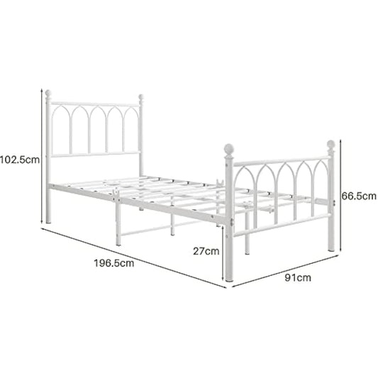 JELUTE Single Metal Bed Frame 90 x x190 cm with Headboard and Footboard Heavy Duty Foundation,Metal Slat Support, White