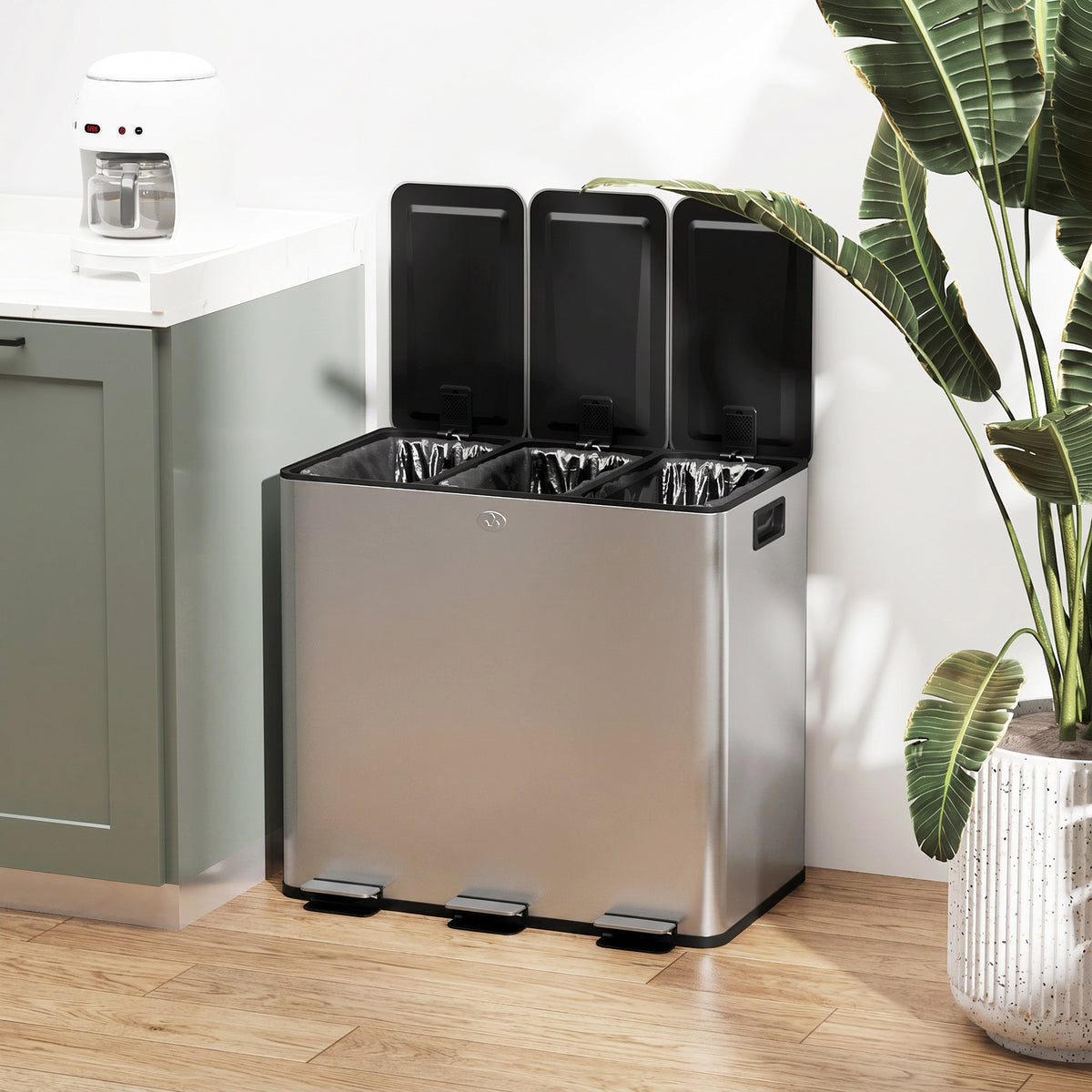 HOMCOM 3 x 15L Pedal Bin, Steel Triple Kitchen Bin with Soft Close Lid, Removable Inner Buckets, Fingerprint-Proof, Silver Tone