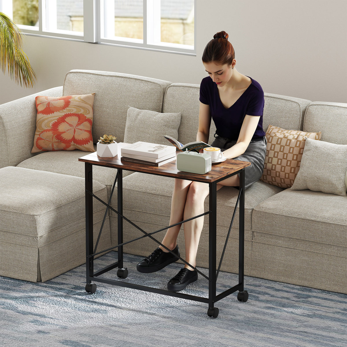 HOMCOM 80 cm Folding Desk on Wheels - Rustic Brown