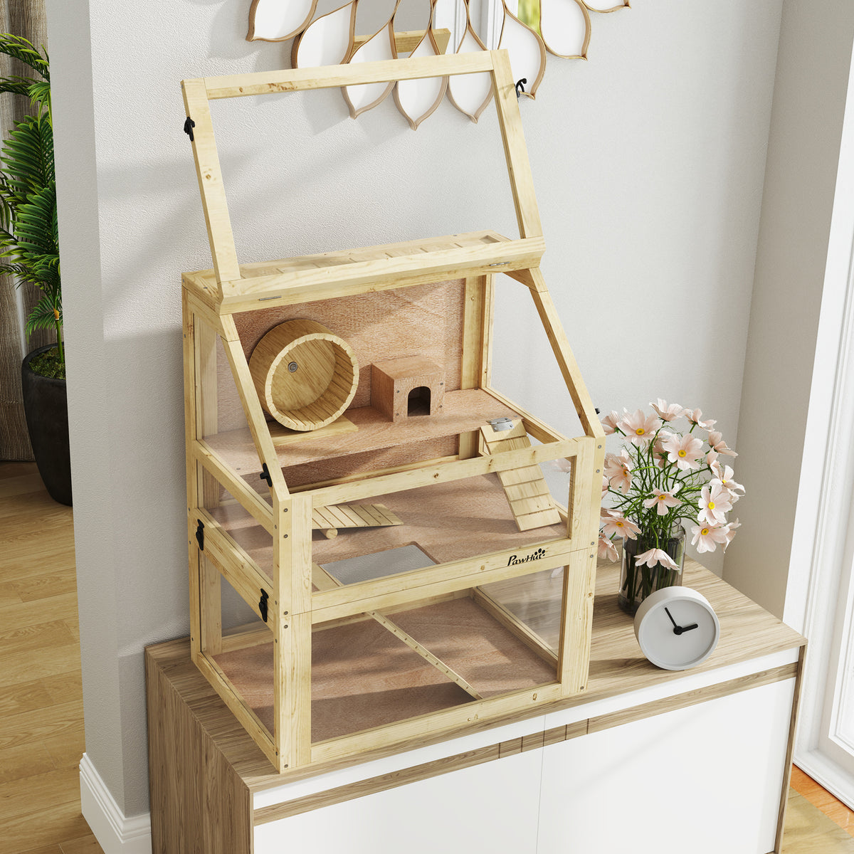 PawHut Wooden Hamster Cage with Detachable 32cm Deep Bottom, Hut, Seesaw, Exercise Wheel, Ramp, 60 x 40 x 75cm, Natural
