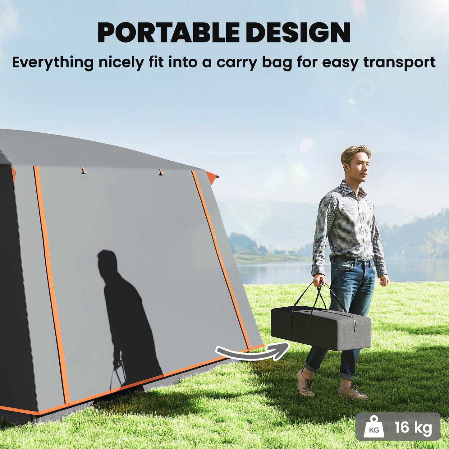 Outsunny 4-6 Man Camping Tent, Double Layer Tunnel Tent with Porch, Living Area and 2 Bedrooms, Sewn in Groundsheet