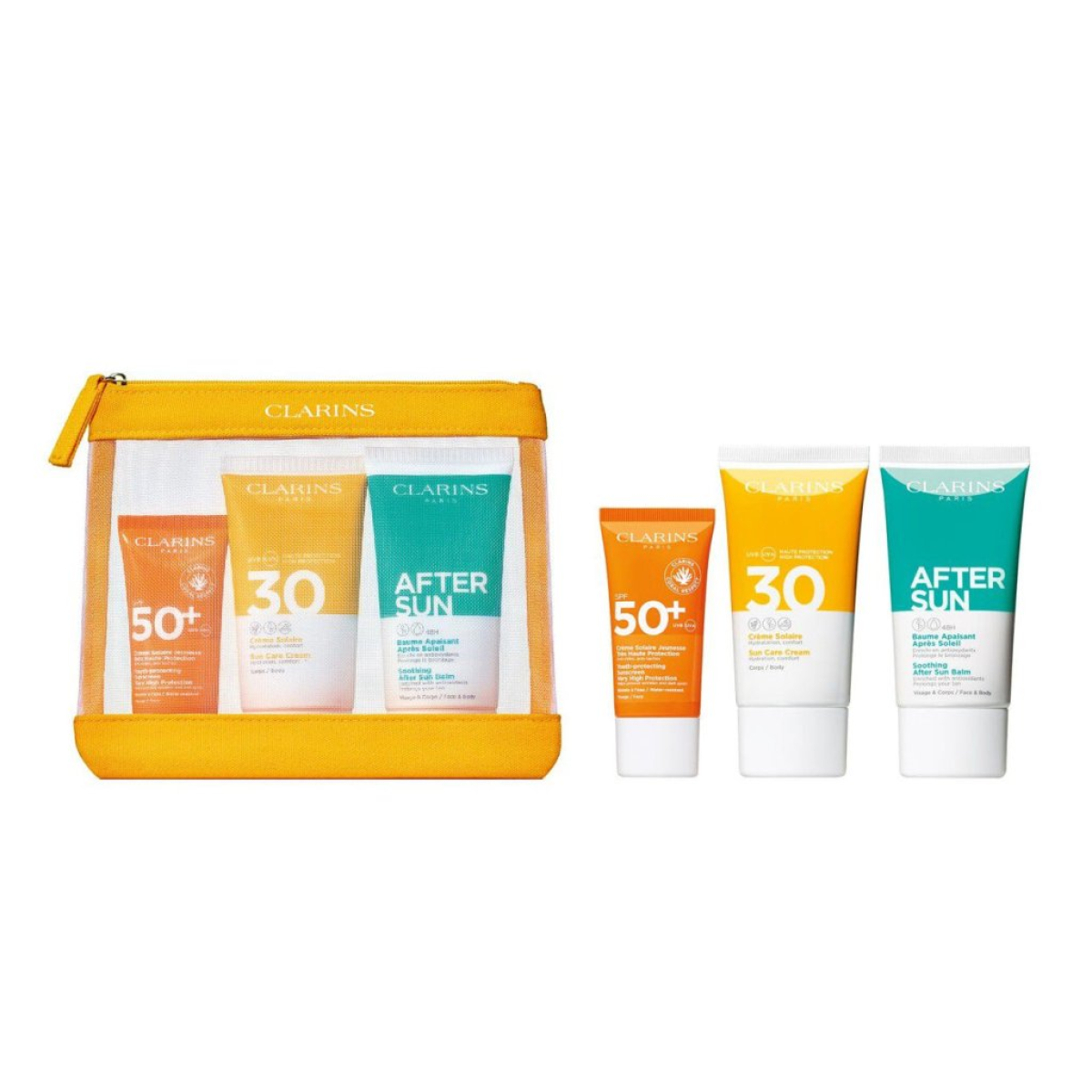 Clarins Essential Suncare Travel Set (Face SPF50 30ml Body SPF30 75ml After Sun Balm 75ml)