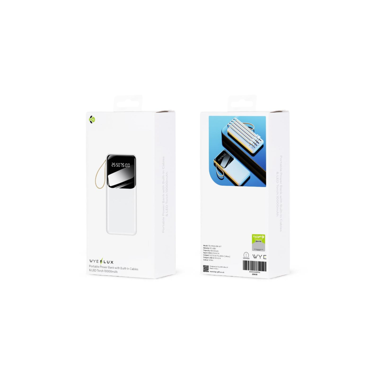 WYEFLUX 10000mAh Portable Power Bank with Built-In Cables and LED Lights