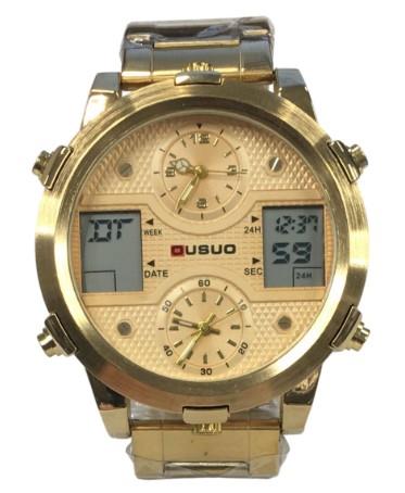 Ousuo Mens Fashion Ana Digital Big Dated Gold Dial Gold Plated Bracelet Watch NY London