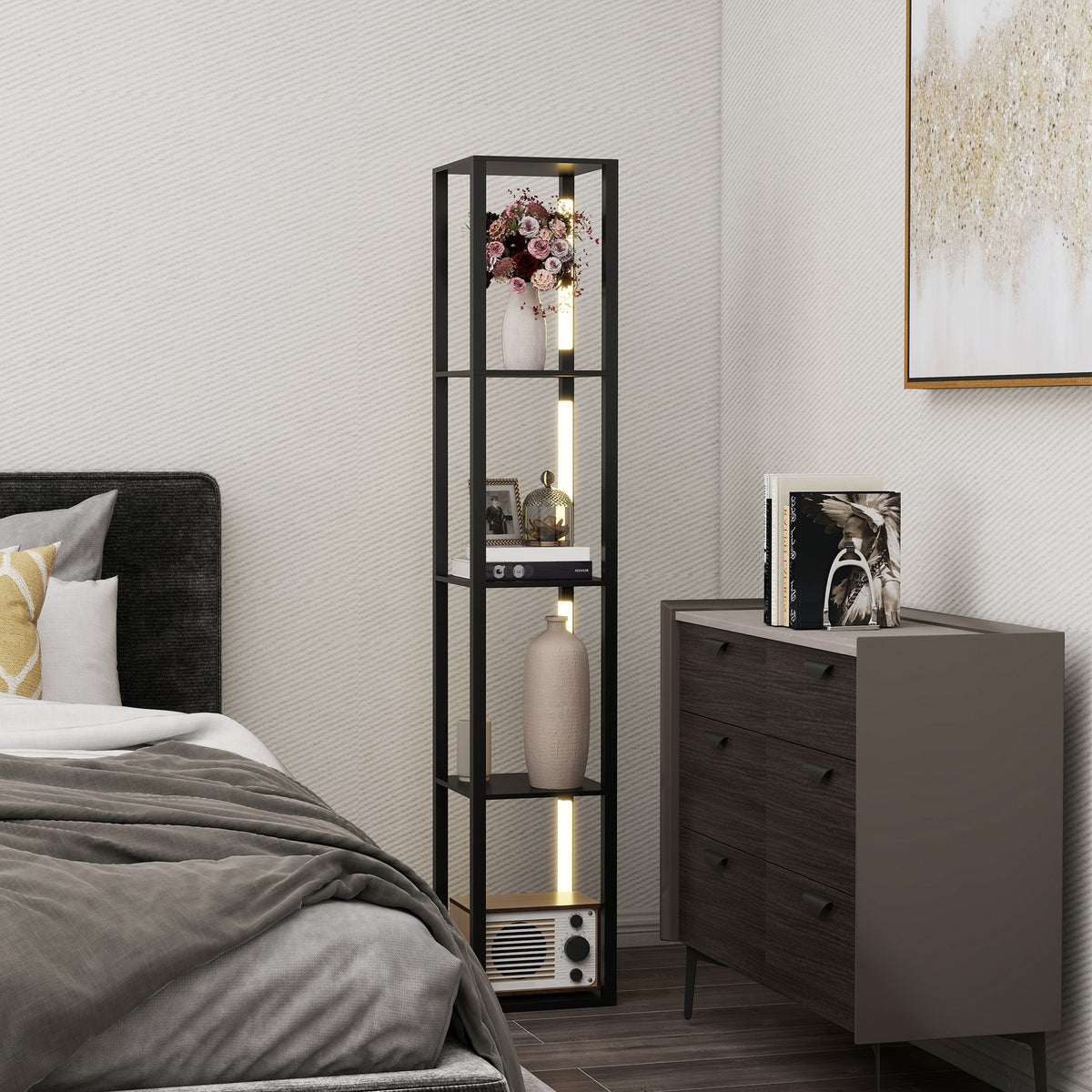 HOMCOM LED Floor Lamp with Shelves, Modern Dimmable Standing Lamp with 3 Brightness Levels and Foot Switch for Living Room, Bedroom, Office, Black