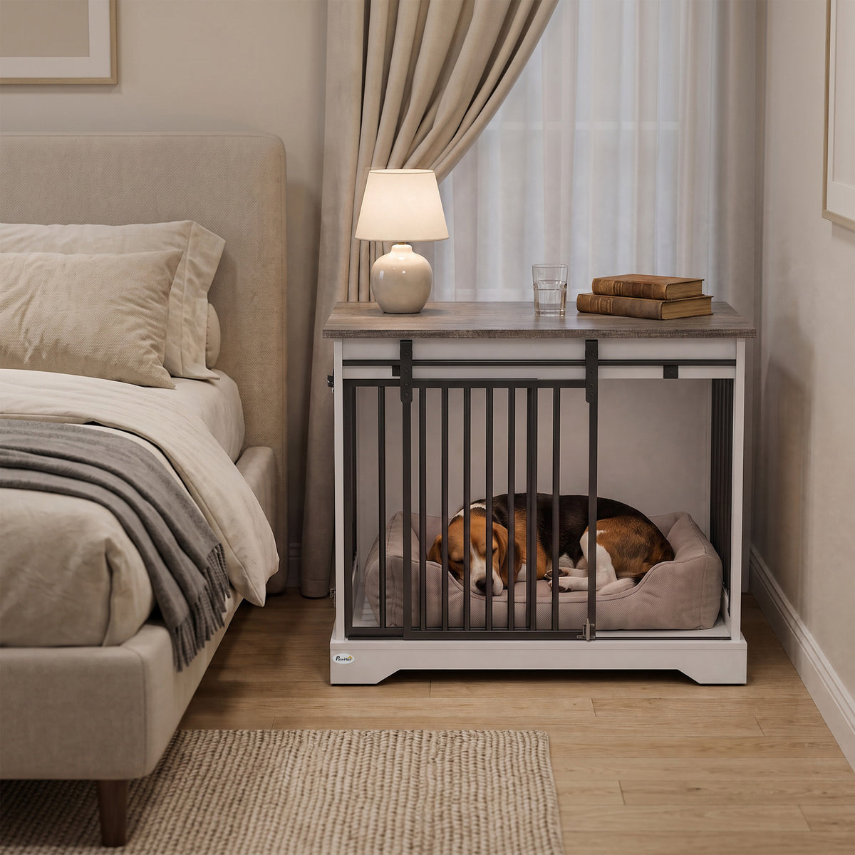 PawHut 80 cm Dog Crate Furniture with Sliding Barn Door for Medium Dogs, White