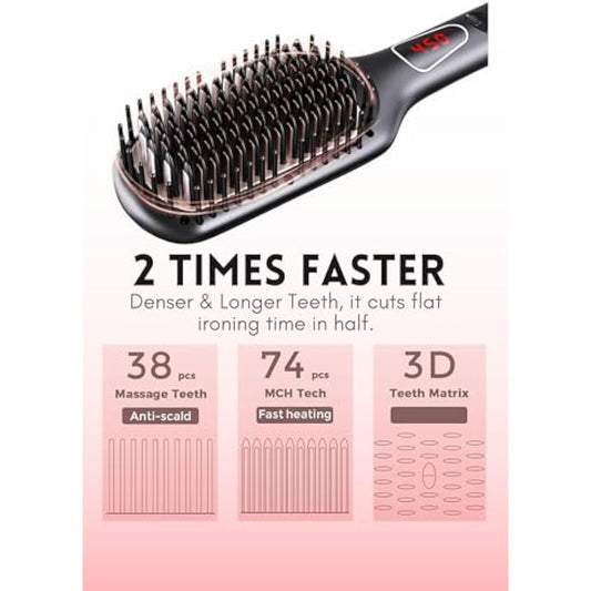MEGAWISE Pro 2023 Ionic Hair Straightener Brush w. Ceramic coated Teeth for Home Salon Flat Iron Hot Brush | MCH Fast 20s Heating Tech W. Anti-Scald & Auto-Off Safety, Dual Voltage | Rotatable Cord