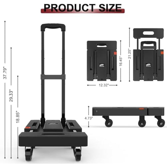 SOLEJAZZ Folding Hand Truck, Portable Dolly for Moving, 230KG Trolley with 6 Wheels & 2 Bungee Cords for Luggage, Travel, Shopping, Office Use, Black