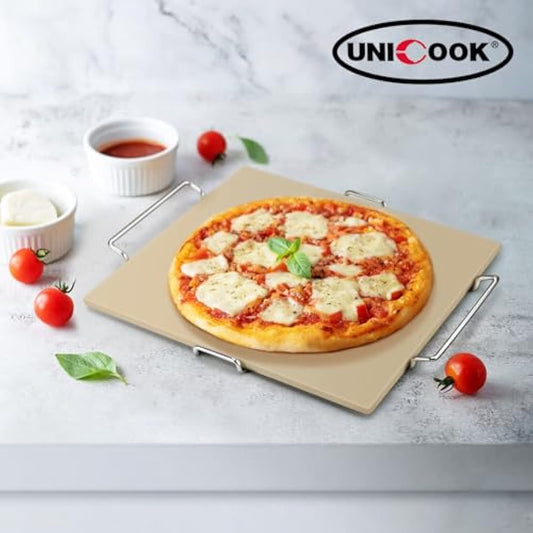 Unicook 30.5 x 30.5 cm Pizza Stone for Oven and Grill, Oven Baking Stone for Bread, Cordierite Pizza Pan for Baking Crispy Bread, Pie and Cookies, Includes Carry Rack and Dough Scraper