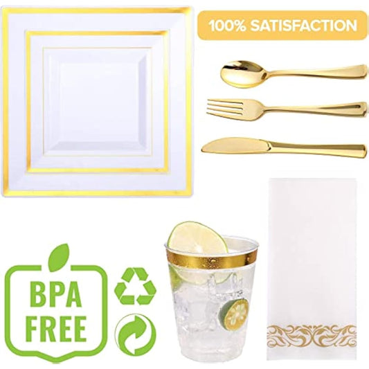 Square Dishes Plates Cups Cutlery for 25 on Special Occasions,175 Pieces of Reusable Plastic Dinnerware for Dinners, Birthdays, Valentines, Parties, Easter, Weddings, Summer Celebrations (Gold)