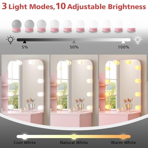 ZANOFIRA Dressing Table with LED Lights Mirror, Vanity Table with Dimming & 3 Color Modes