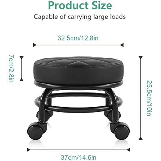 FURWOO Roller Seat PU Leather Low Round Rolling Floor Stool with Universal Caster Wheels for Home Fitness Sport Pedicure Stool, H:25.5cm(Black)