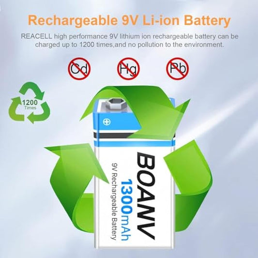 6 Pack 9V Rechargeable Batteries 1300mAh, 9V Rechargeable USB Lithium Long Lasting Battery, with 2 in 1 Charging Cable, for Smoke Detectors, Alarms, Keypad, Microphone