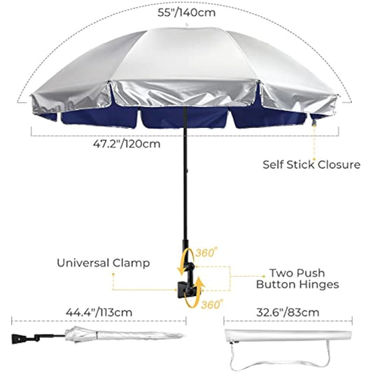 G4Free UPF 50+ Universal Clamp On Umbrella Adjustable Outdoor UV Protection Beach Chair Umbrella for Strollers, Wheelchairs, Patio Chairs, Golf Carts and Beach