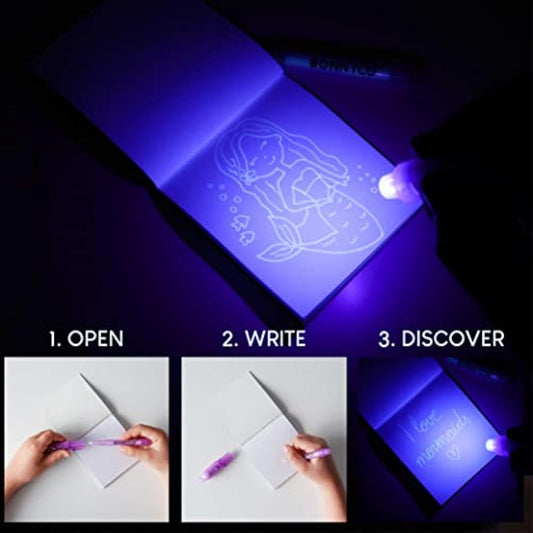 BONNYCO Invisible Ink Pen and Notebook, Pack 8 Mermaid Party Bags Filler & Pinata Toys | Mermaid Birthday Decorations | Stocking Fillers for Kids Birthday | School Prizes & Gifts for Children