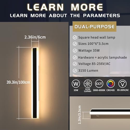 Mikeru 100cm Outdoor Wall Lights 2pack, 3 Color Change Minimalist Long Outdoor Wall Light 3000k/4500k/6000k 35w Hard Wired Exterior Long Wall Light 3800 Lumens Garden Fence Lights for Garden, Balcony