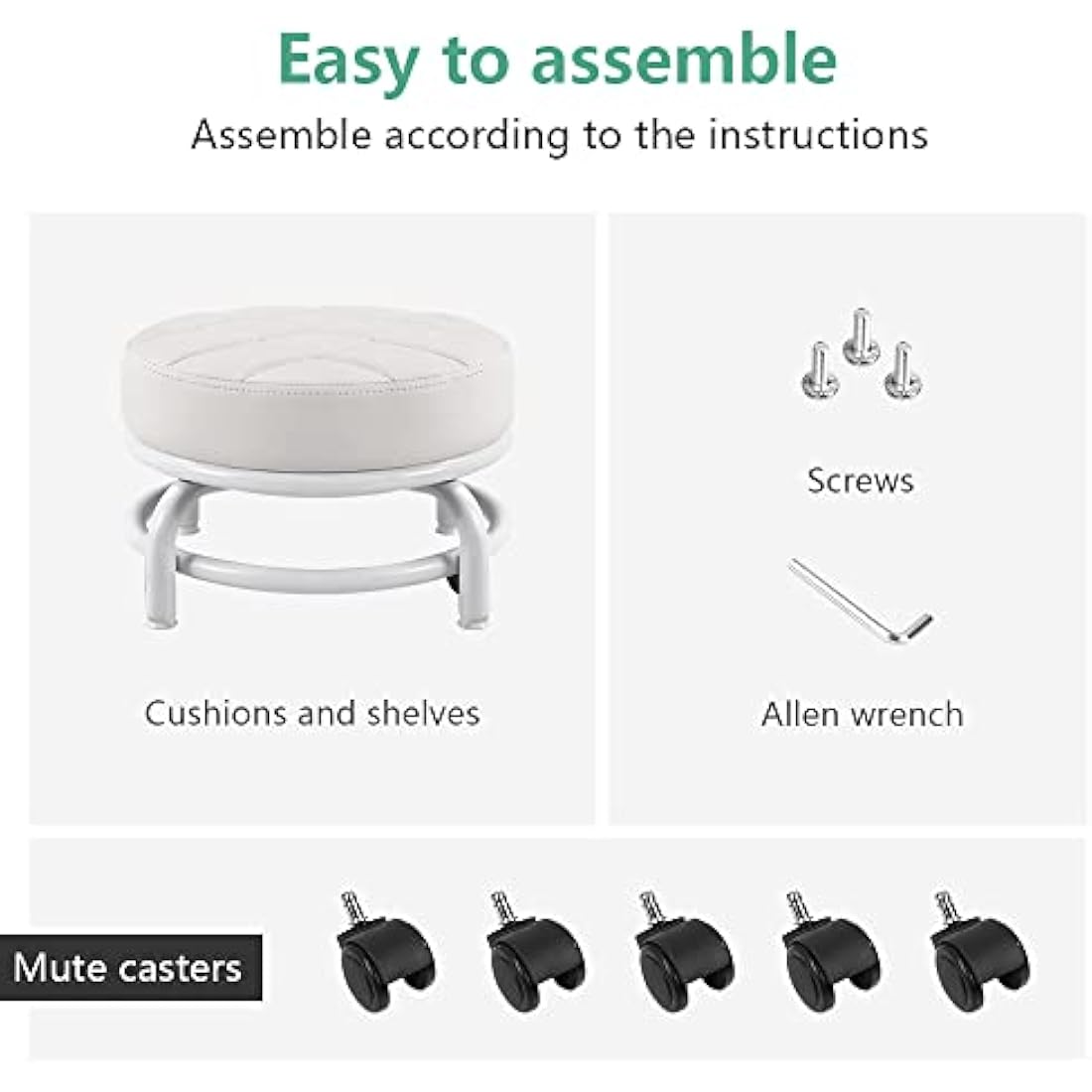 FURWOO Roller Seat PU Leather Low Round Rolling Floor Stool with Universal Caster Wheels for Home Fitness Sport Pedicure Stool, H:25.5cm(White)