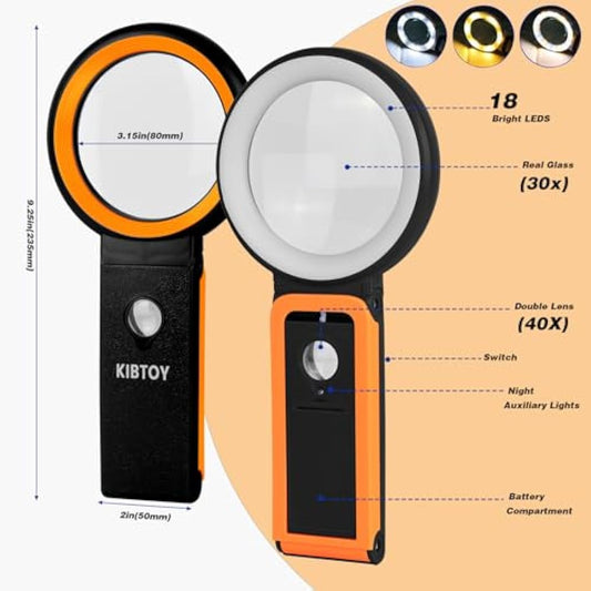 30X 40X Magnifying Glass with Light and Stand, Folding Handheld Magnifying Glass 18 LED Illuminated Lighted Magnifier for Macular Degeneration, Seniors Reading, Close Work, Coins, Jewelry (Black-o)