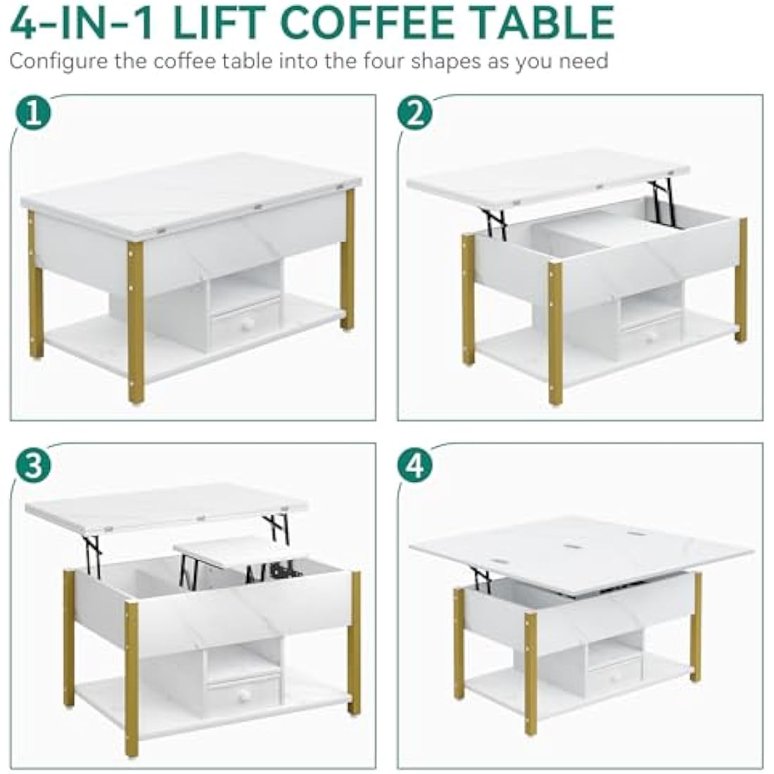 YITAHOME Lift Top Coffee Table with Drawers, 4 in 1 Multi-Function Liftable Coffee Table with Storage Space, Converts to Dining Table for Living Room Dining Room, White Marble